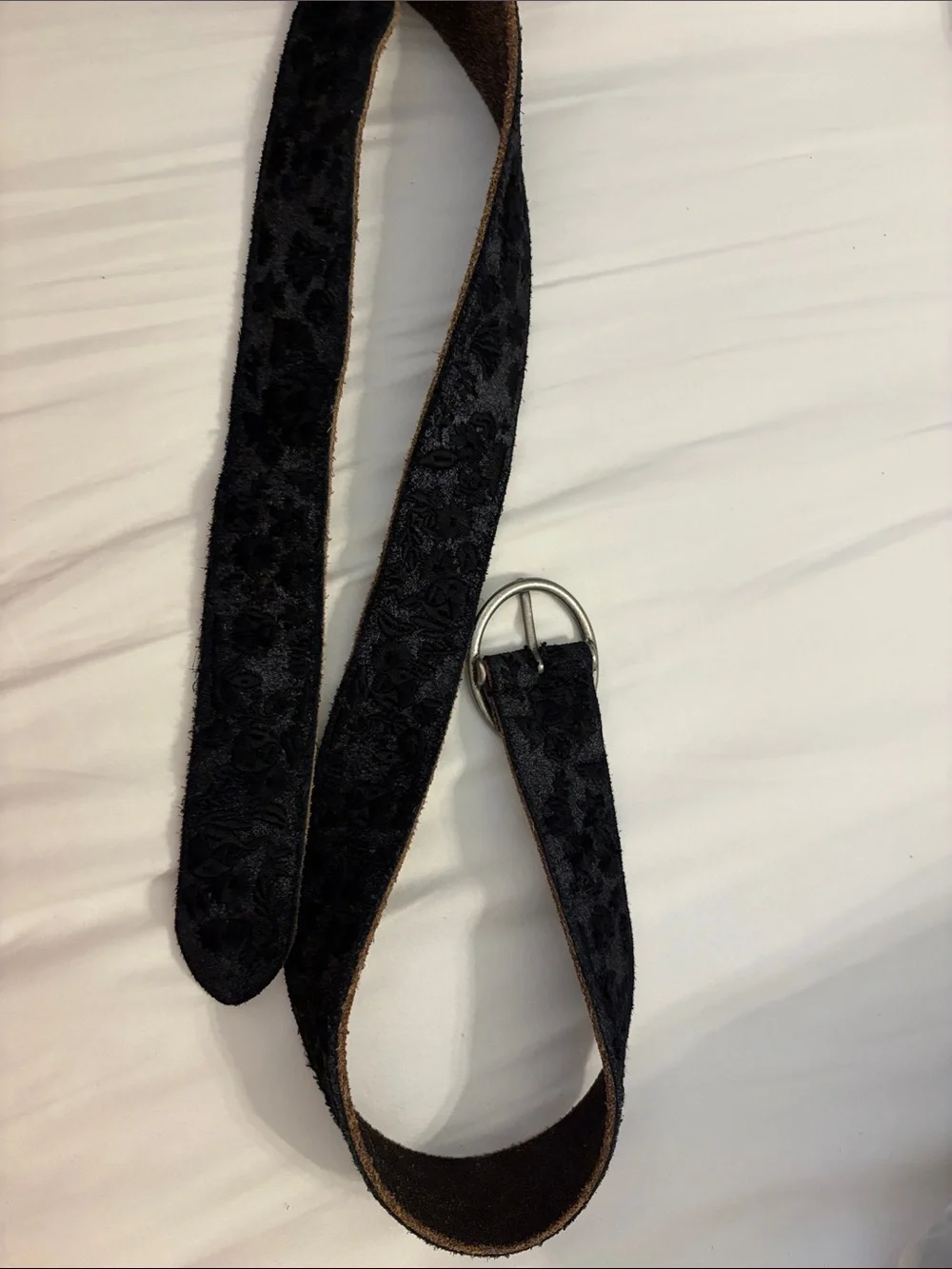 Lucky Brand Black Velvet Floral Pattern Belt with Silver Buckle